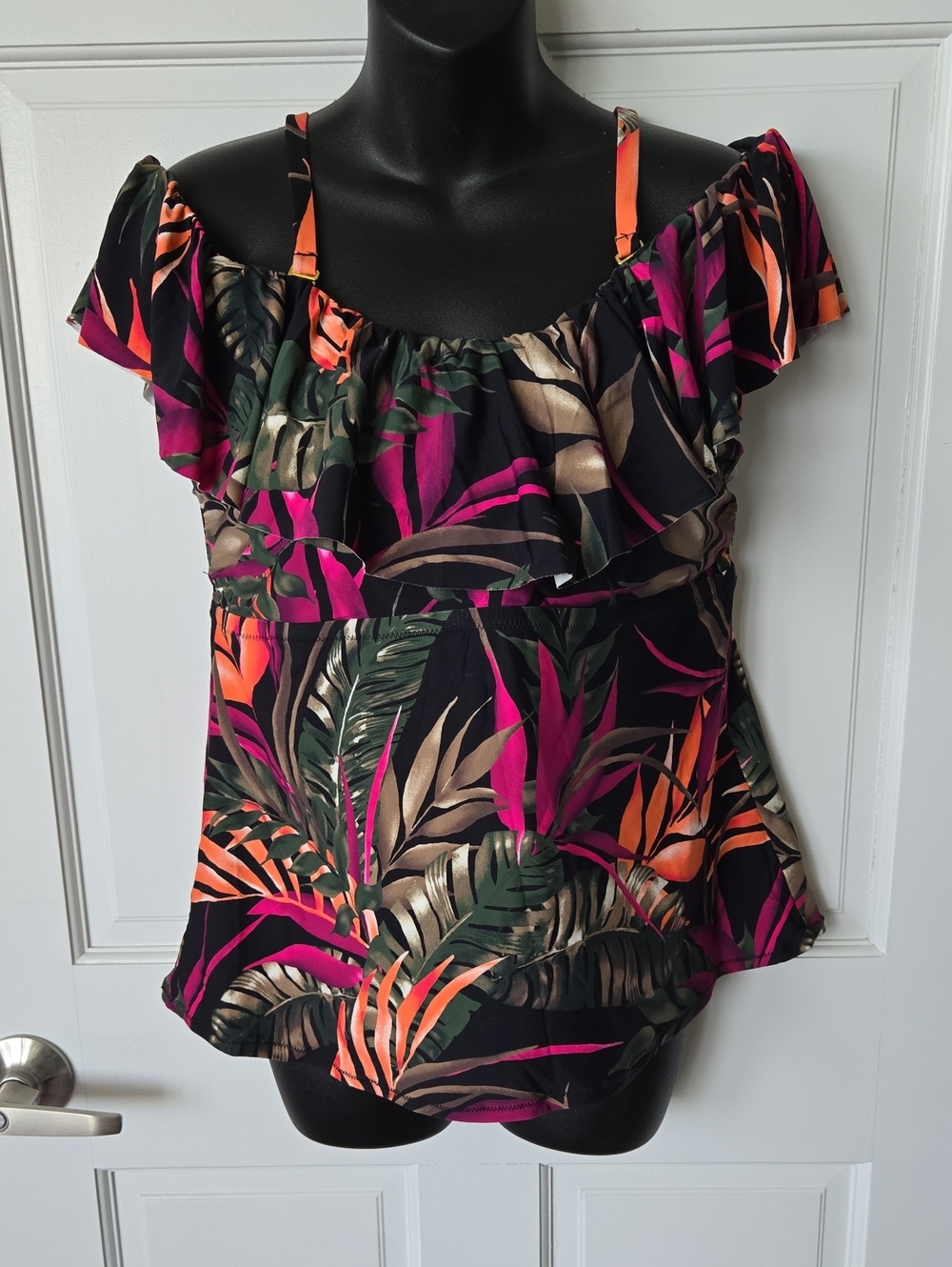 LEILANI Women’s Black Tropical Off-Shoulder Swim Top with Pink & Orange Print